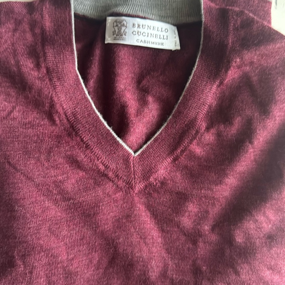 Brunello Cucinelli Sweater Mens 52 Red Cashmere Wool Blend V Neck Pullover *FLAW